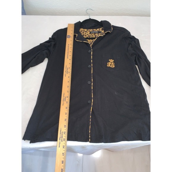 Lauren Ralph Lauren black Pajama Top Leopard Trim Button Down Sleep Shirt Large - Picture 5 of 8